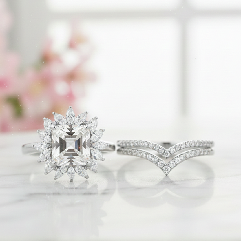 1.50 Ct Princess Cut Moissanite Engagement Ring Set