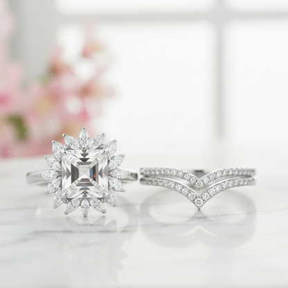 1.50 Ct Princess Cut Moissanite Engagement Ring Set