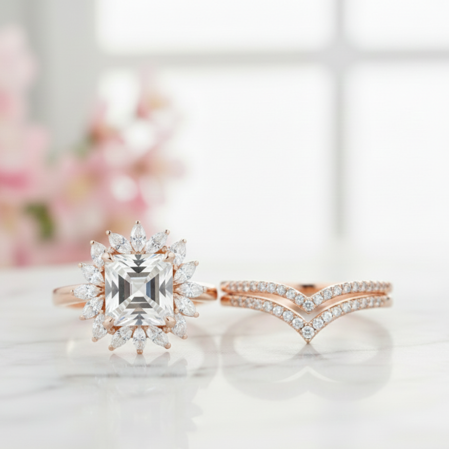 1.50 Ct Princess Cut Moissanite Engagement Ring Set