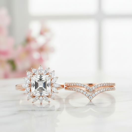 1.50 Ct Princess Cut Moissanite Engagement Ring Set