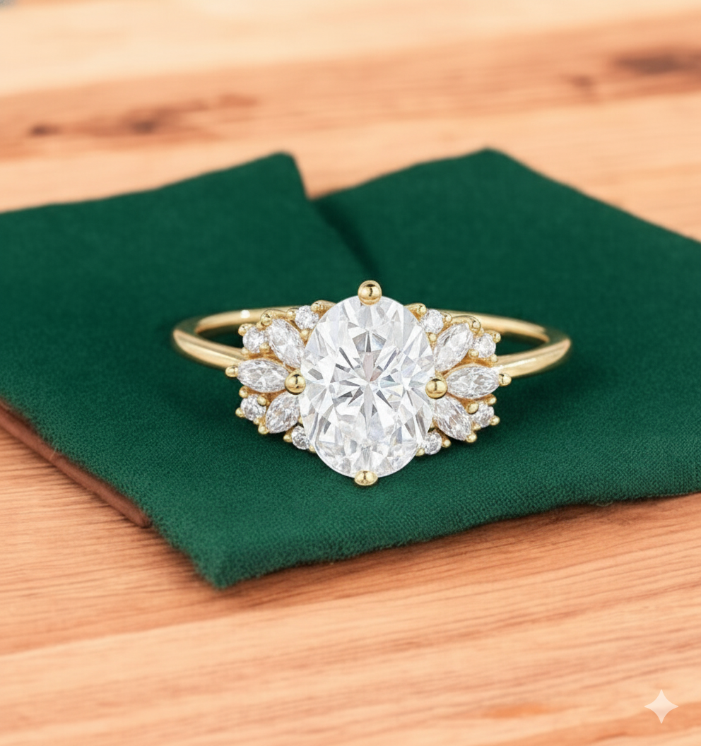 1.650ct Oval Lab Grown Diamond Cluster Ring • Marquise Floral Bridal Ring