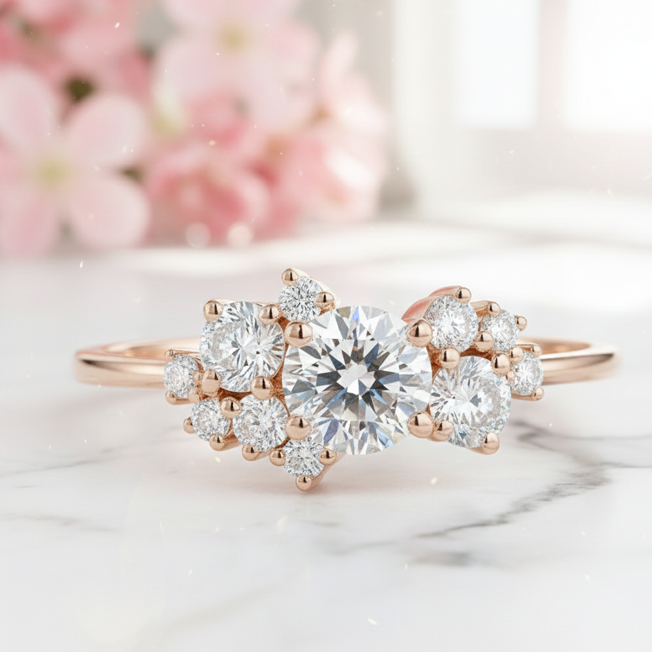 1.10 CT Round Cut Cluster Engagement Ring - 14K Gold