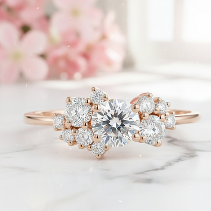 1.10 CT Round Cut Cluster Engagement Ring - 14K Gold