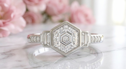 1.60 Ct Hexagon Lab Grown Diamond Ring with Baguette Side Stones