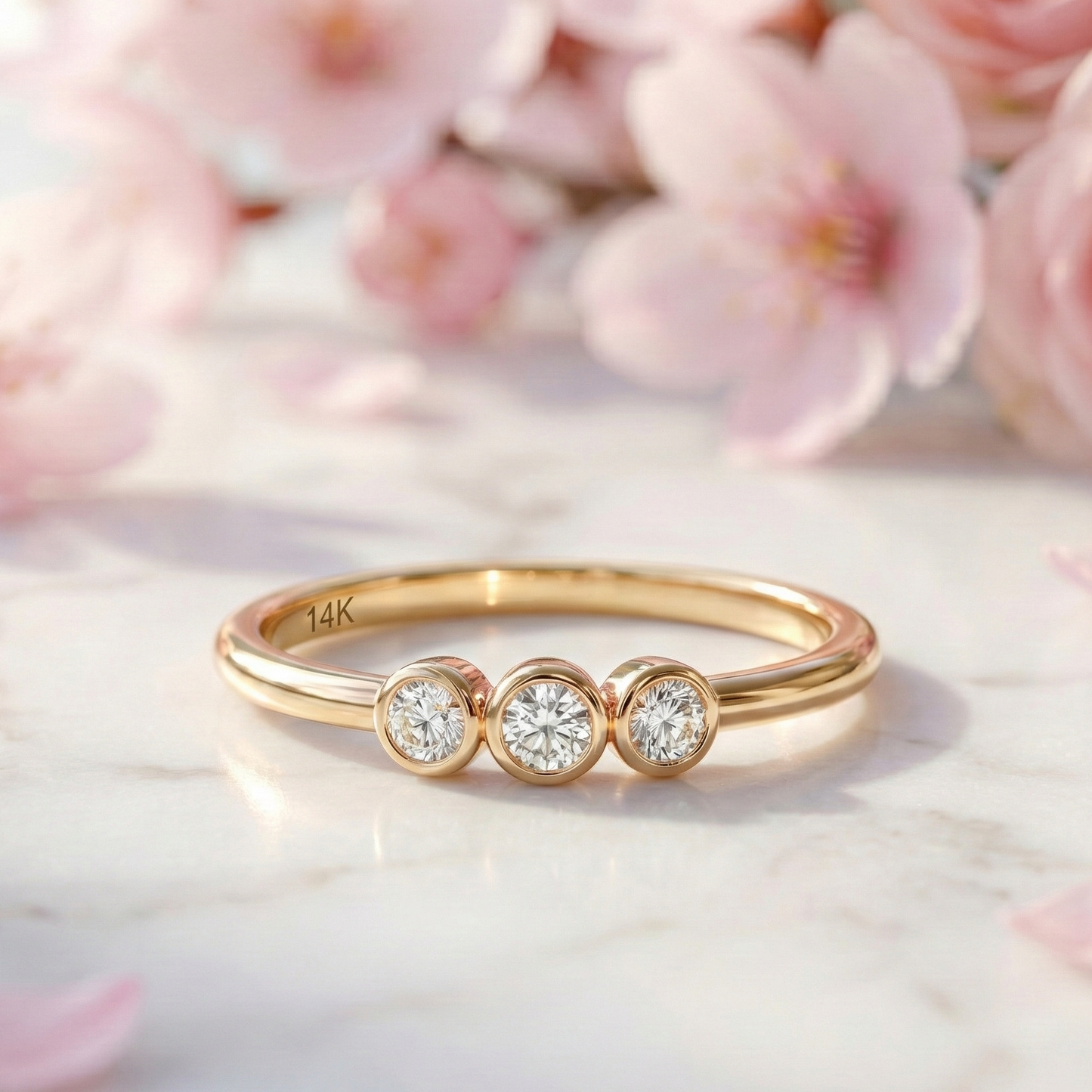 0.11 Ct Three-Stone Moissanite Ring – 14K Solid Gold Bezel