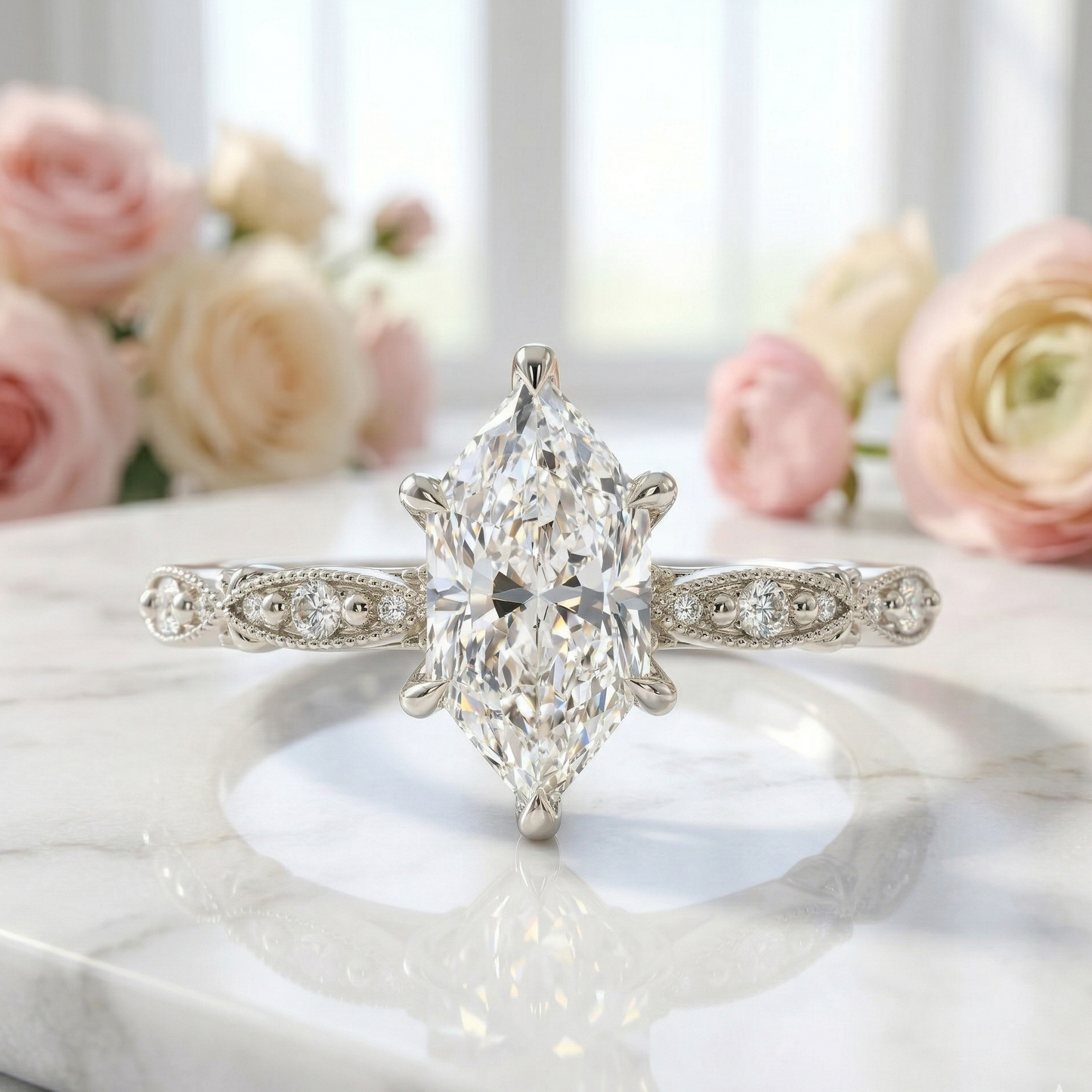 2.24 ct Marquise Lab Diamond Vintage Milgrain Engagement Ring