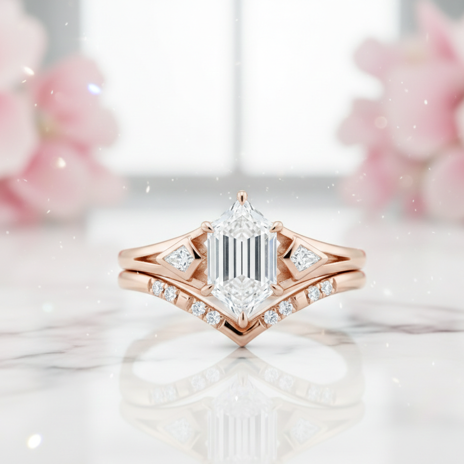 1.65 Ct Hexagon Lab Grown Diamond Engagement Ring Set