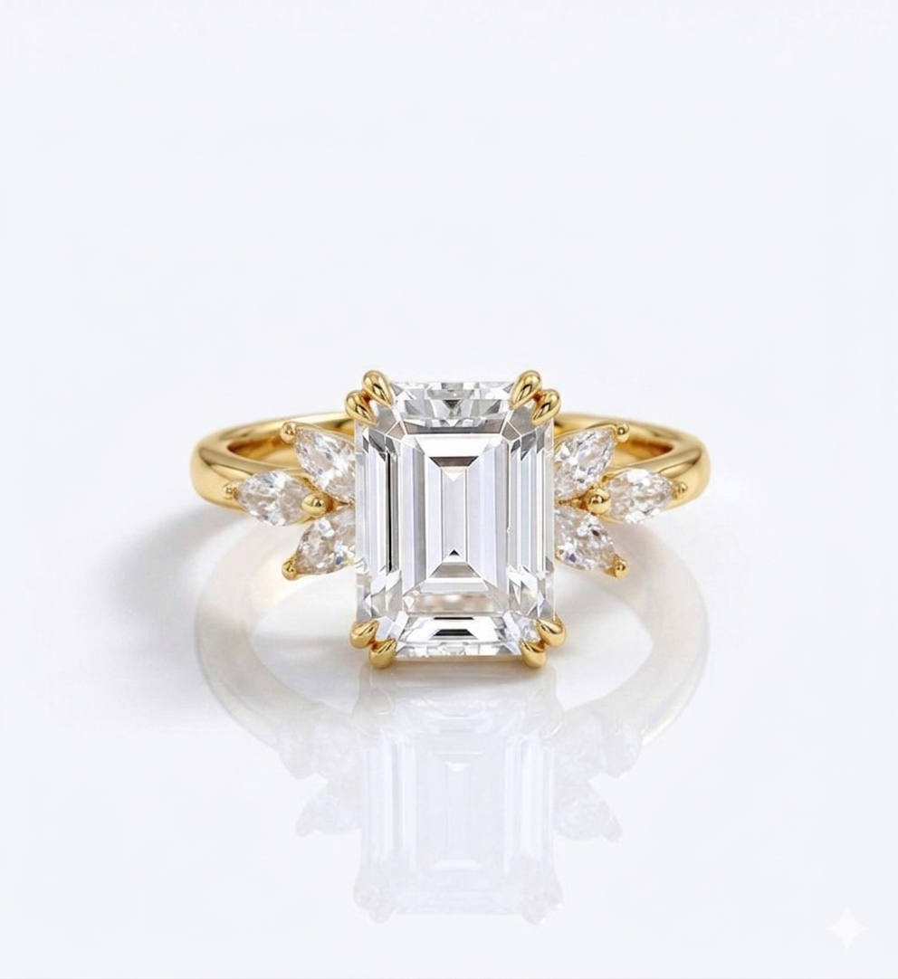 3.0ct Emerald Cut Lab Grown Diamond Engagement Ring • Vintage Cluster Bridal Ring