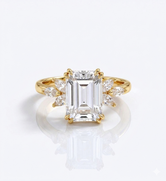 3.0ct Emerald Cut Lab Grown Diamond Engagement Ring • Vintage Cluster Bridal Ring