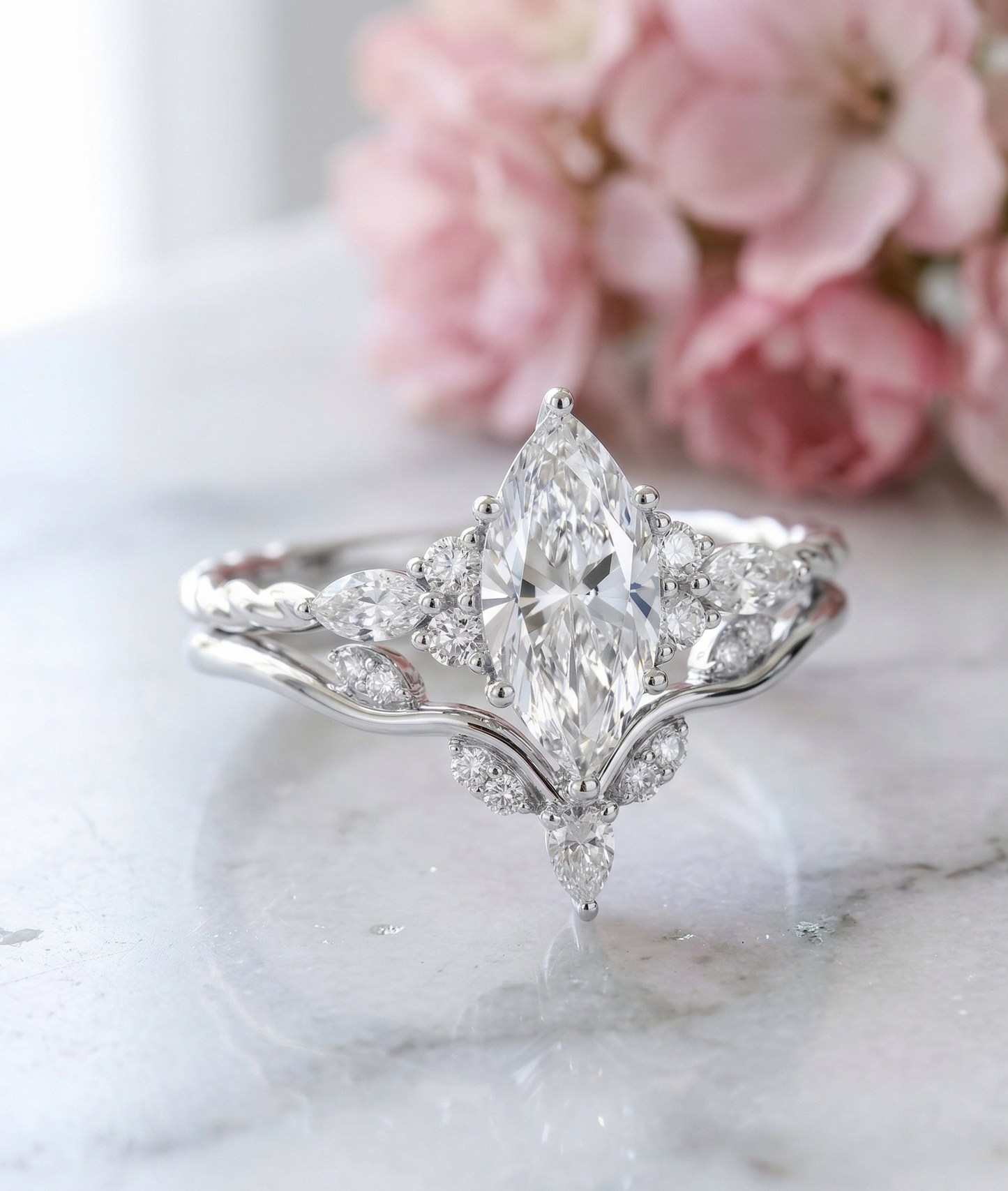 1.350CT Marquise Lab Diamond Ring Set with Curved Wedding Band