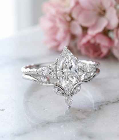 1.350CT Marquise Lab Diamond Ring Set with Curved Wedding Band