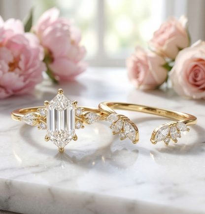 1.790CT Long Hexagon Lab Diamond Engagement Ring Set
