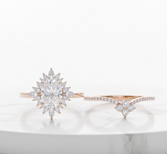 1.60 Ct Oval Lab-Grown Diamond Bridal Ring Set – Floral Halo