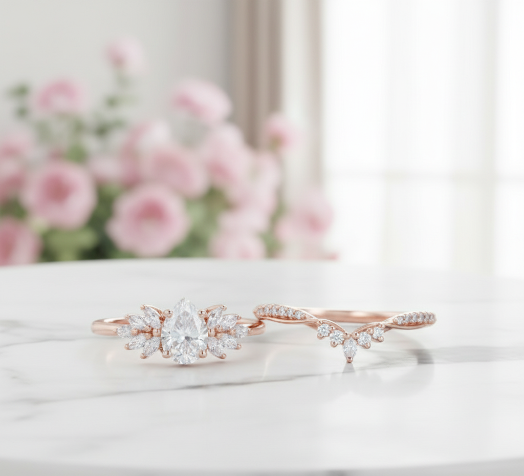 1.60 Ct Pear Moissanite Bridal Set – Leaf Cluster Engagement Ring