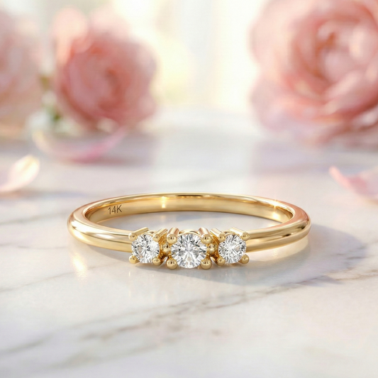 0.11 Ct Three-Stone Moissanite Ring – 14K Solid Gold Bezel
