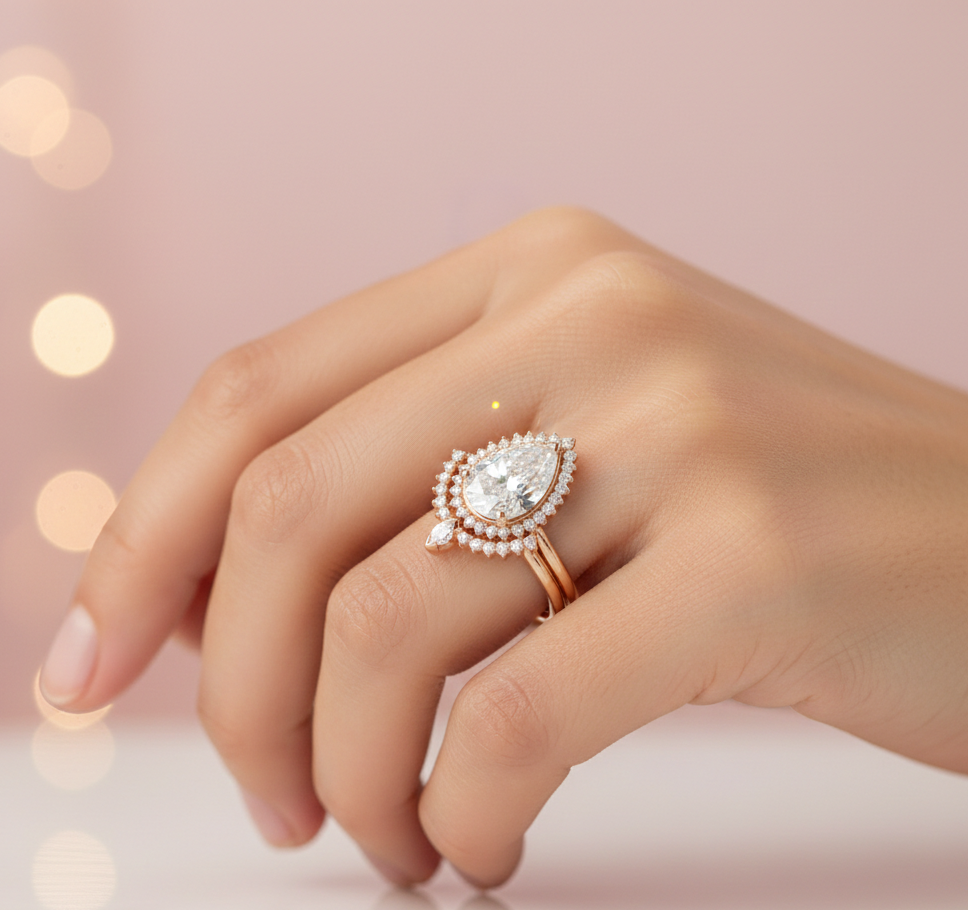 1.40CT Pear Cut  Halo Engagement Ring – 14K Gold Bridal Set