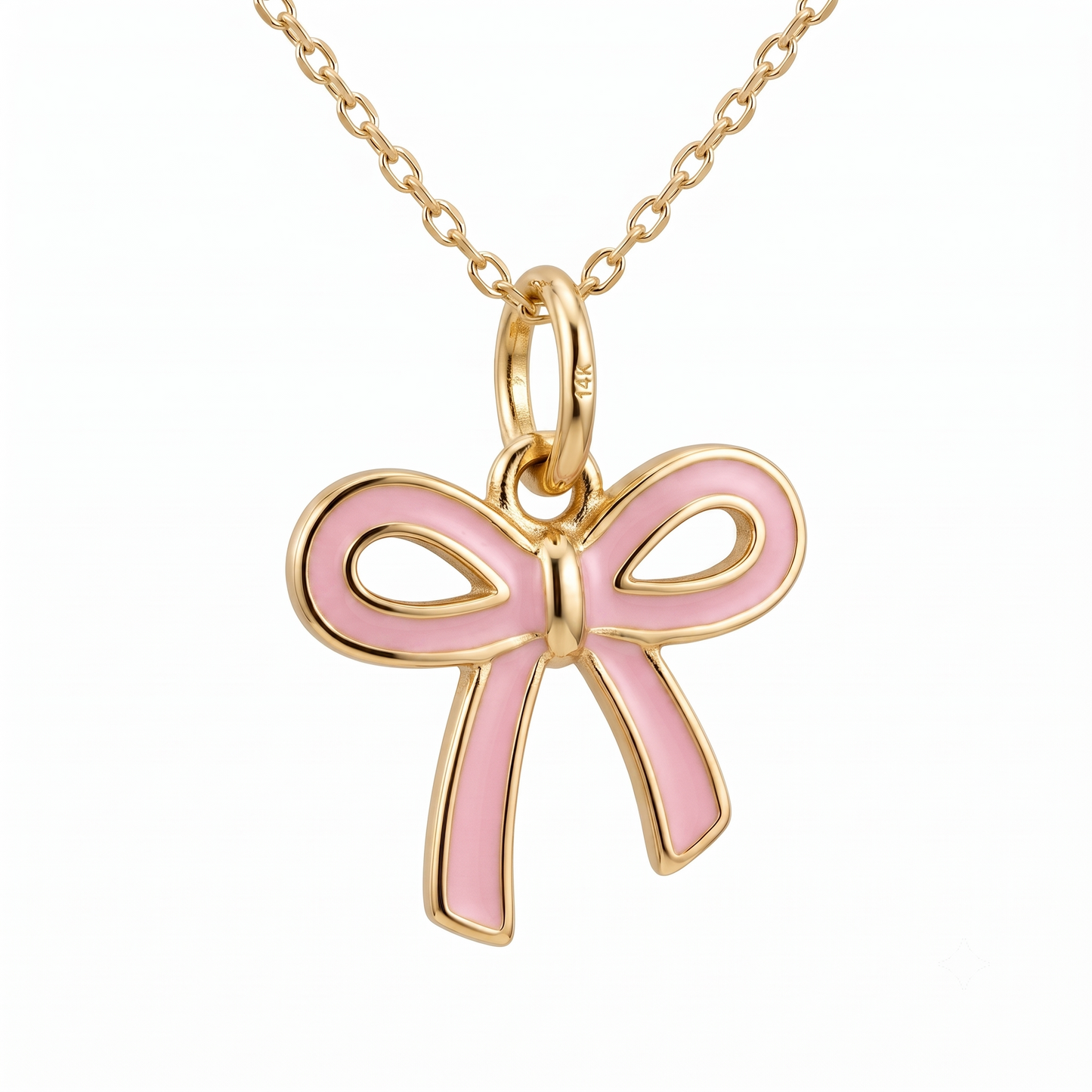 Pink Bow Necklace, 14K Gold Bow Pendant Necklace