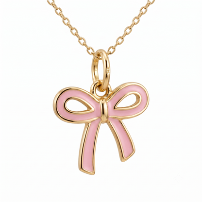 Pink Bow Necklace, 14K Gold Bow Pendant Necklace