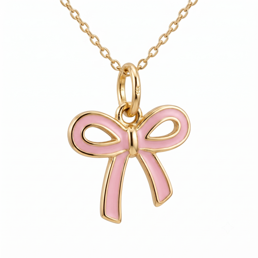 Pink Bow Necklace, 14K Gold Bow Pendant Necklace