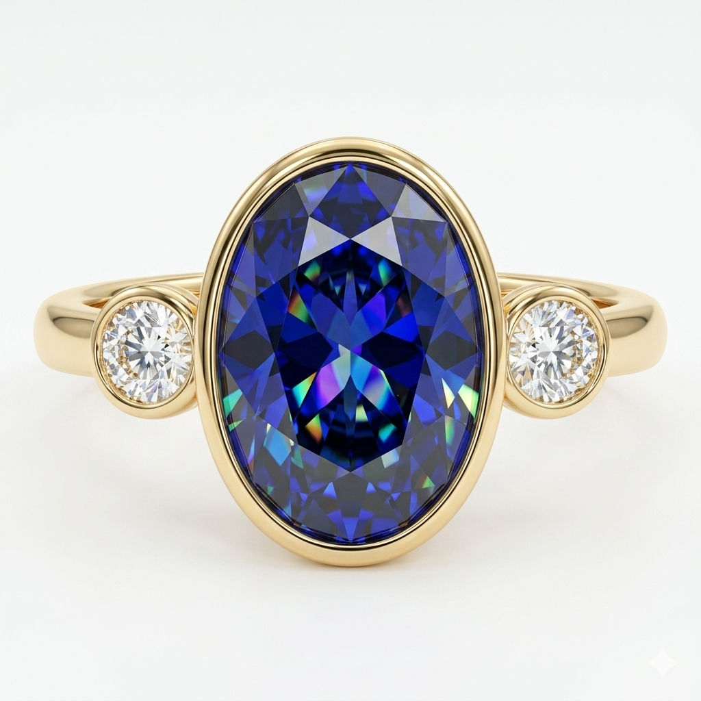 Blue Sapphire Oval Birthstone Bezel Setting Three Stone Engagement Ring