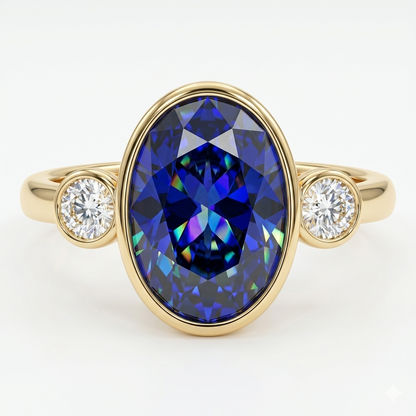 Blue Sapphire Oval Birthstone Bezel Setting Three Stone Engagement Ring