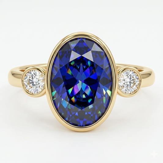 Blue Sapphire Oval Birthstone Bezel Setting Three Stone Engagement Ring