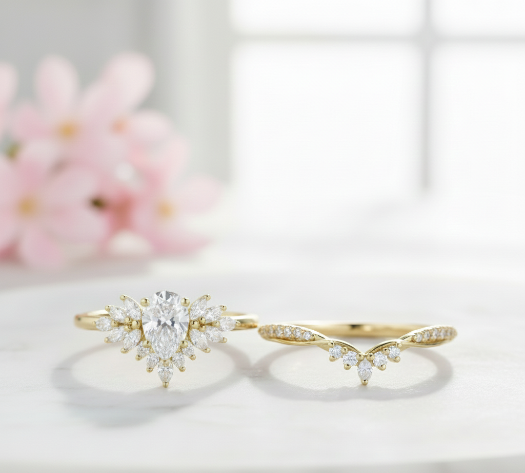 1.70 Ct Pear Lab Diamond Bridal Set – Vintage Cluster Ring