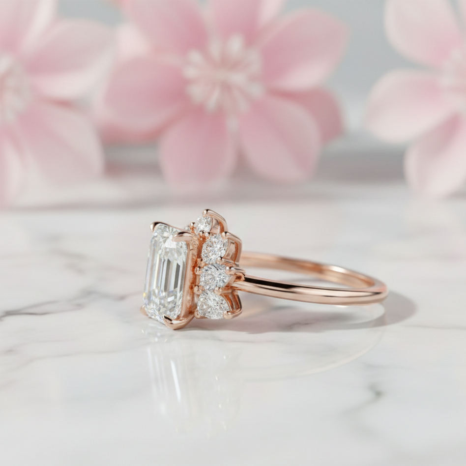 1.600ct Emerald Cut Three Stone Cluster Engagement Ring