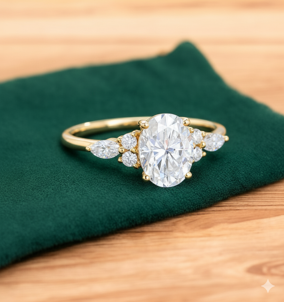 1.50ct Oval Cut Lab Grown Diamond Engagement Ring, Cluster Bridal Ring