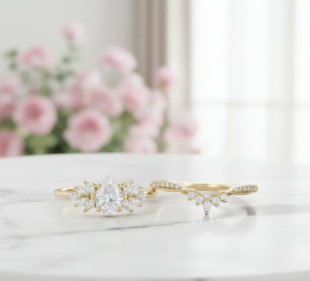 1.60 Ct Pear Moissanite Bridal Set – Leaf Cluster Engagement Ring