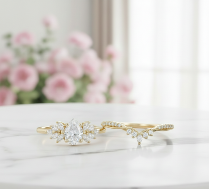 1.60 Ct Pear Lab-Grown Bridal Set – Leaf Cluster Engagement Ring