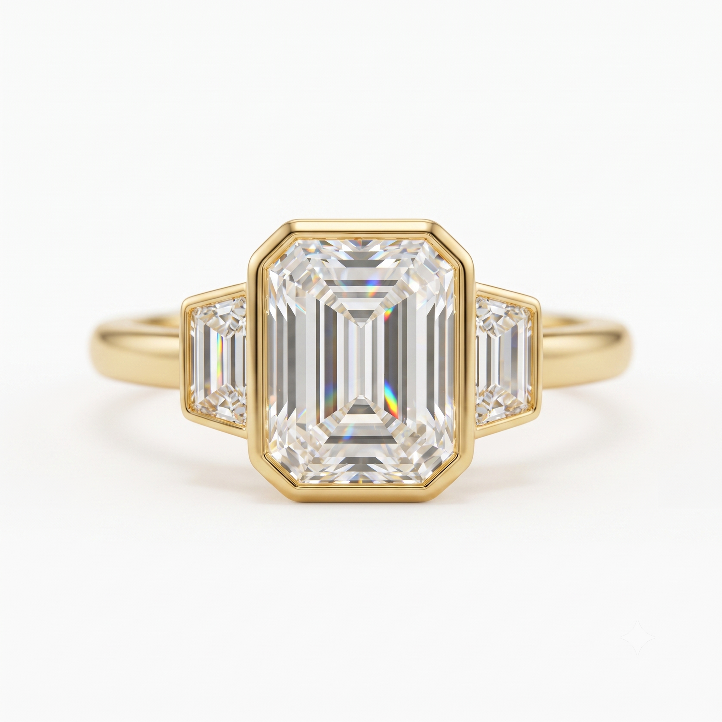 2.06 CT Emerald Cut Lab Grown Diamond Bezel Set Three Stone Engagement Ring