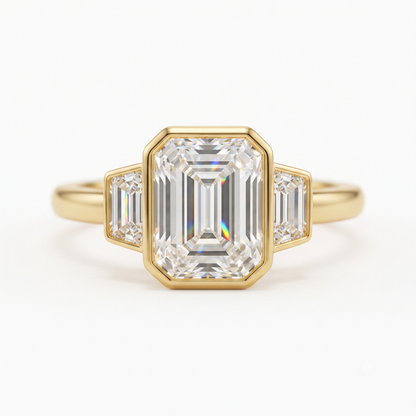 2.06 CT Emerald Cut Lab Grown Diamond Bezel Set Three Stone Engagement Ring