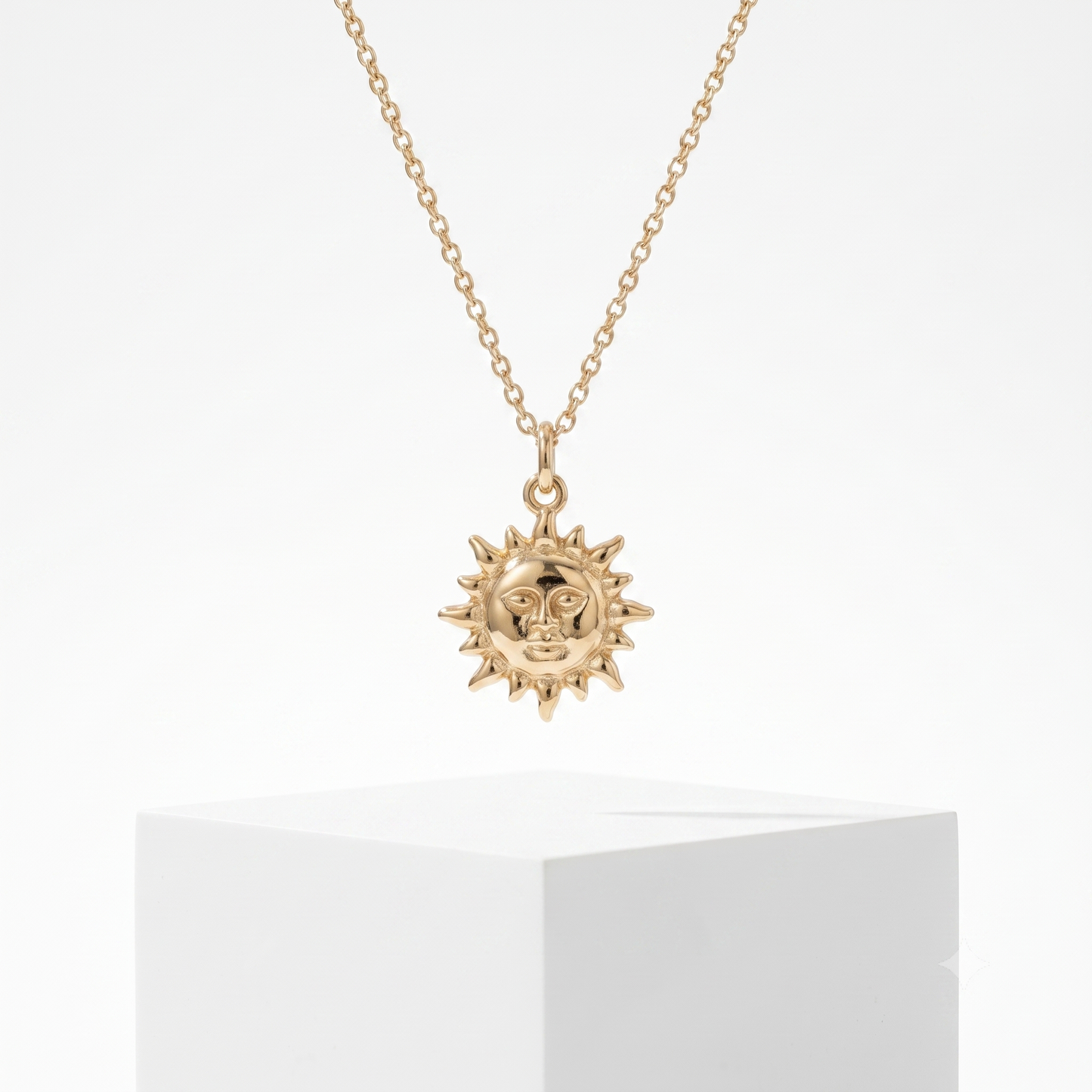 14k Gold Celestial Sun Face Pendant Necklace
