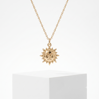 14k Gold Celestial Sun Face Pendant Necklace