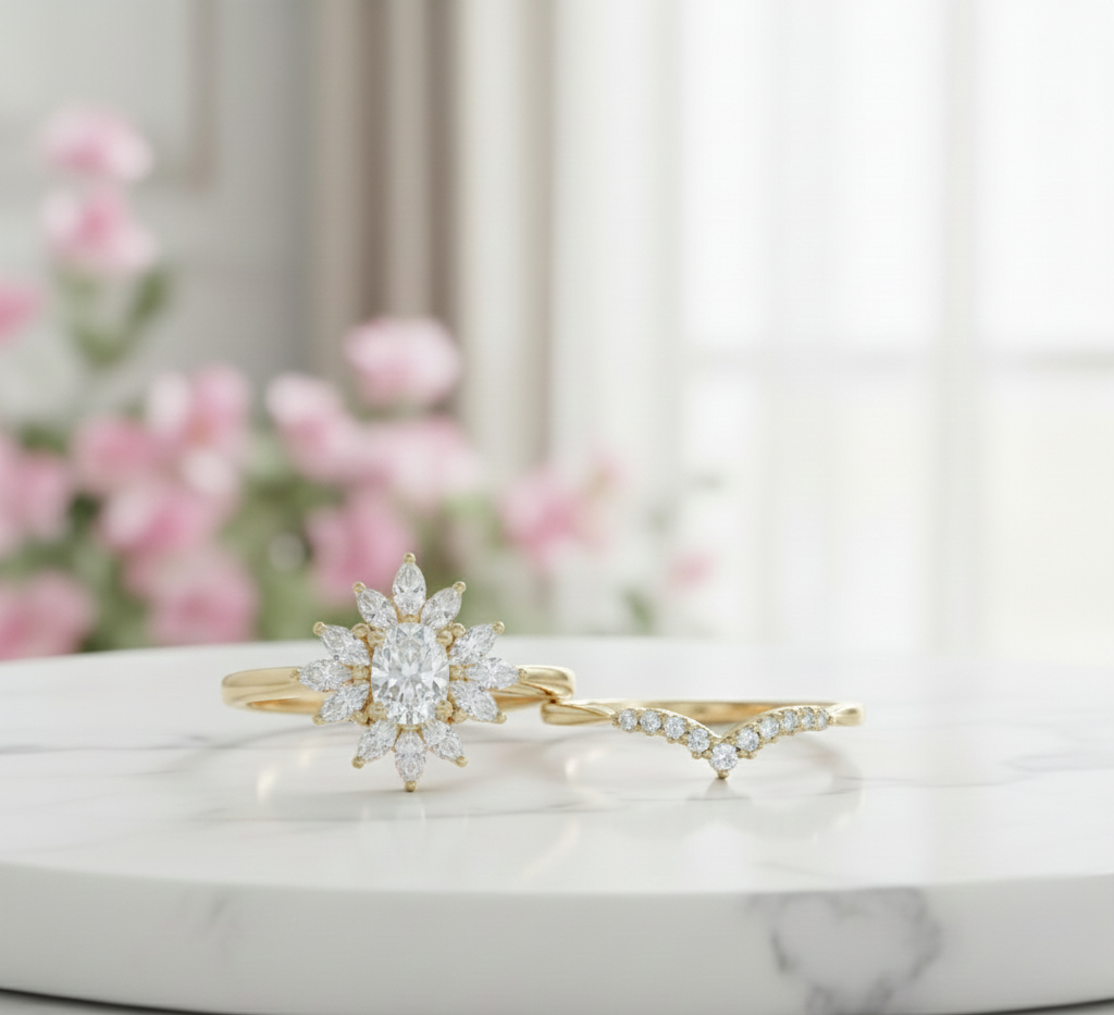 1.10 Ct Oval Moissanite Bridal Set – Sunburst Engagement Ring