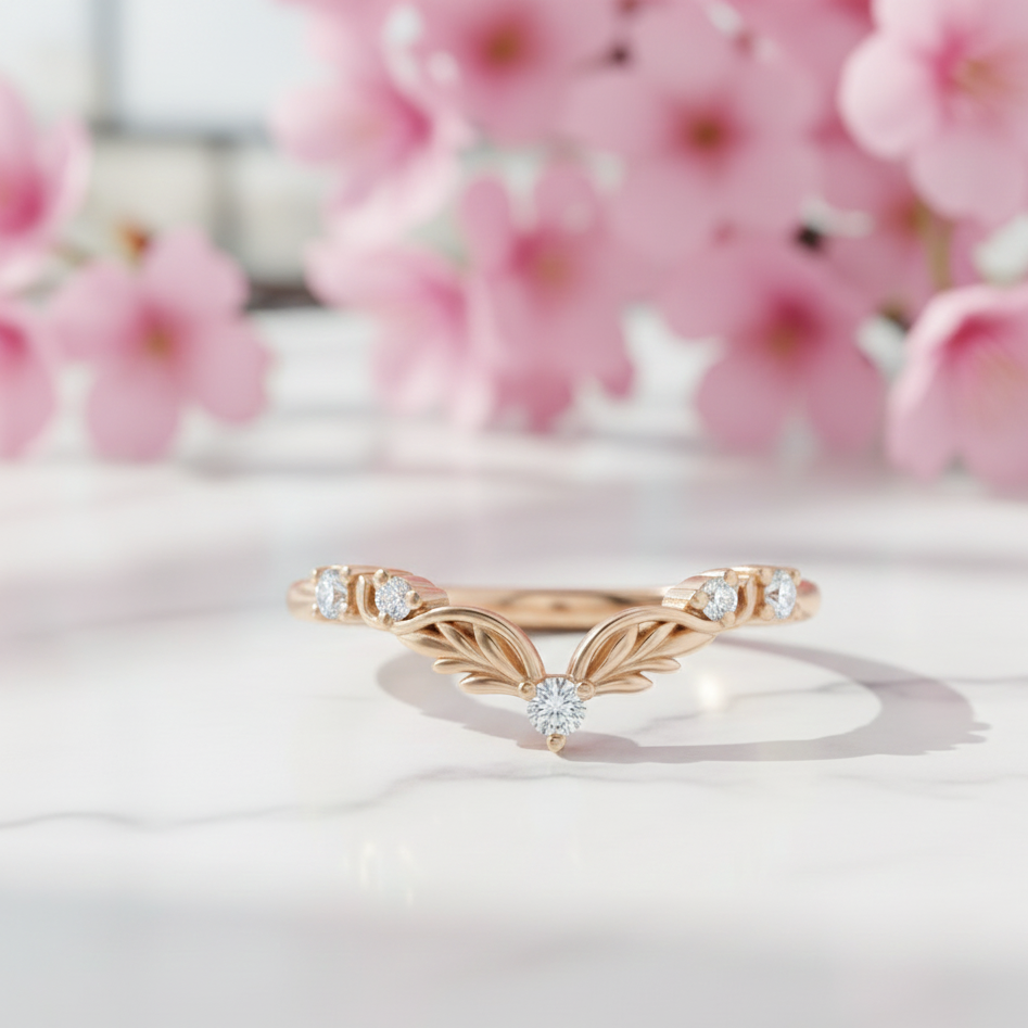 Vintage Curved Wedding Band 14K Rose Gold - 0.050 ct Moissanite