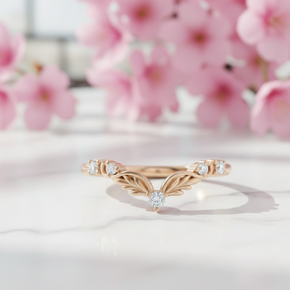 Vintage Curved Wedding Band 14K Rose Gold - 0.050 ct Moissanite