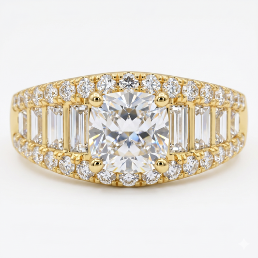 Cushion Cut Colorless Lab-Grown Bridge Accent Halo Engagement Ring