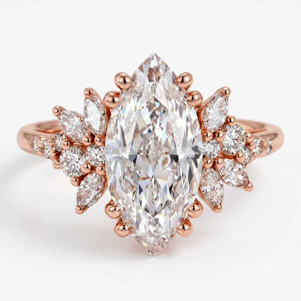 1.50ct Marquise Cut Lab Grown Cluster Engagement Ring • Vintage Art Deco Promise Ring