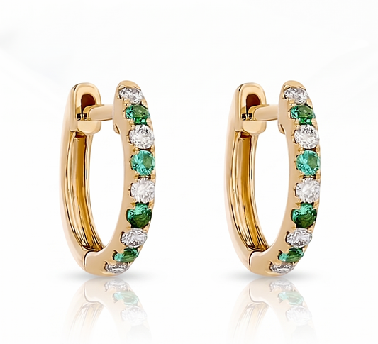 Alternating Lab-Grown Diamond & Emerald Petite Hoop Earrings
