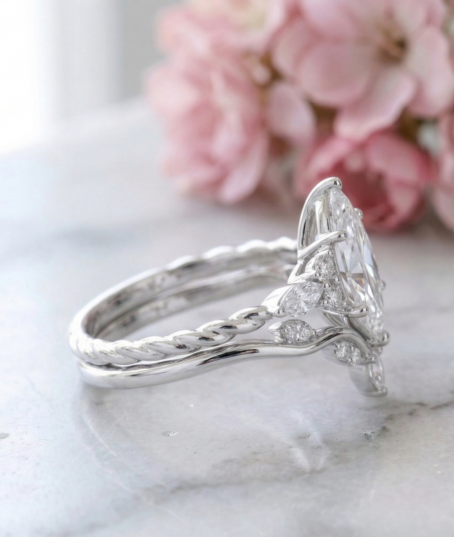 1.350CT Marquise Lab Diamond Ring Set with Curved Wedding Band