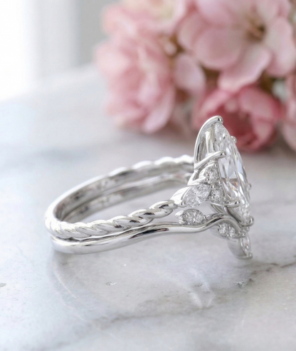 1.350CT Marquise Lab Diamond Ring Set with Curved Wedding Band