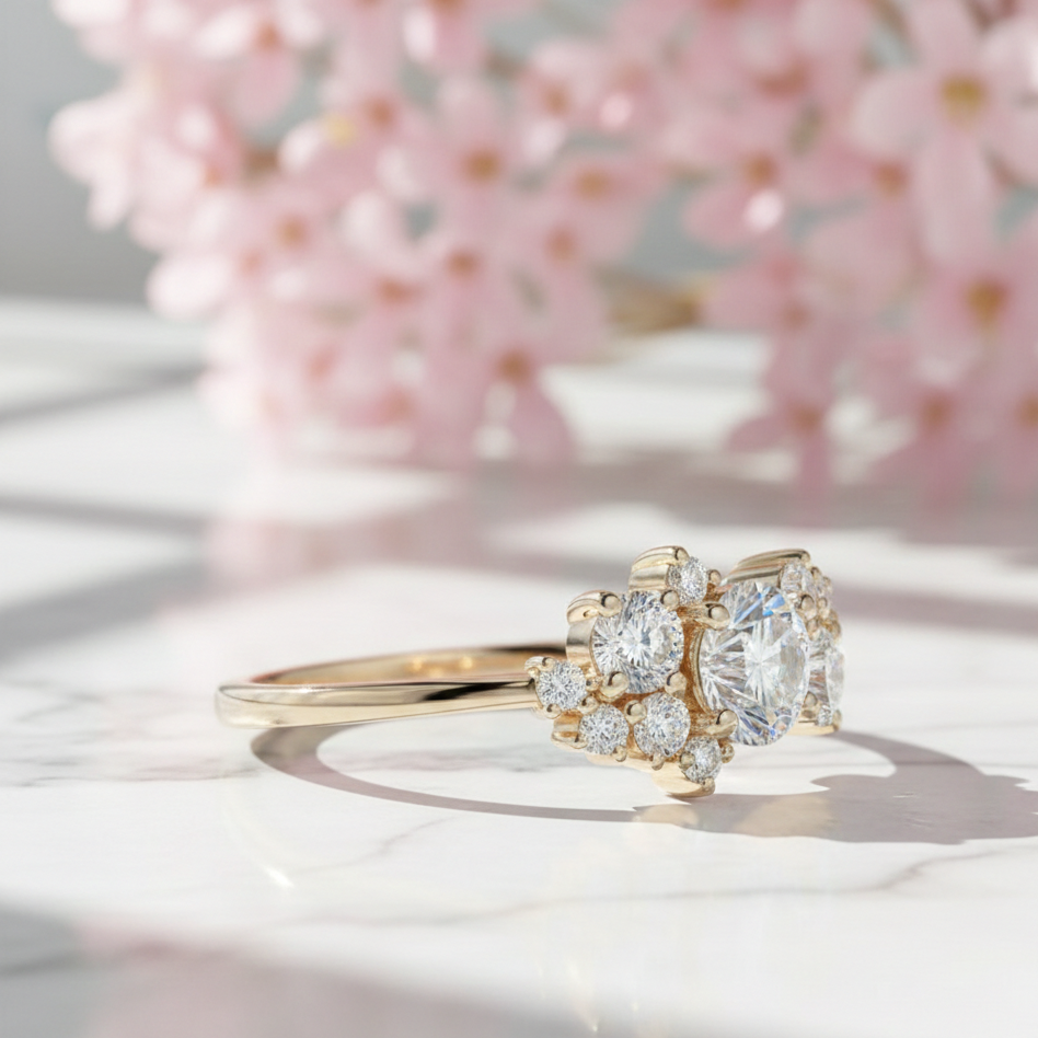1.10 CT Round Cut Cluster Engagement Ring - 14K Gold