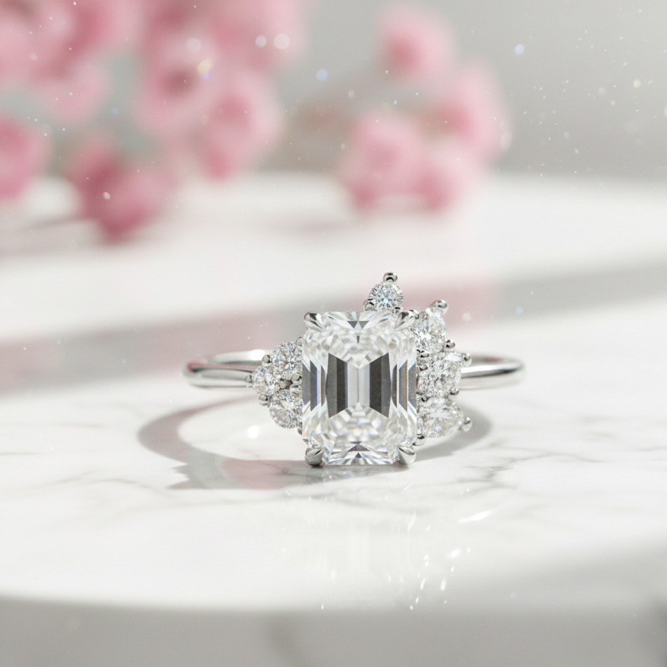 1.600ct Emerald Cut Three Stone Cluster Engagement Ring