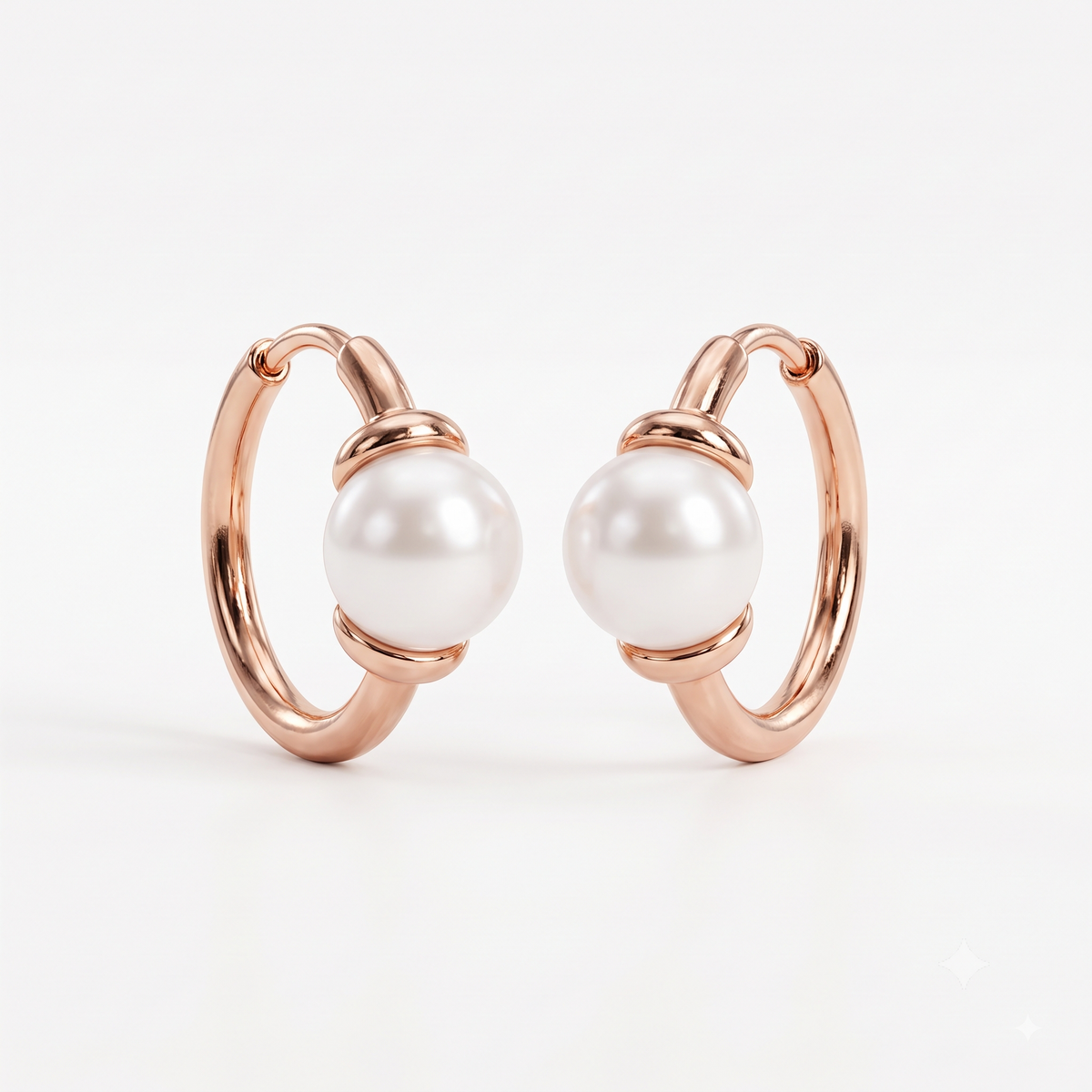 14K Gold Pearl Huggie Hoop Earrings with 4mm White Pearls