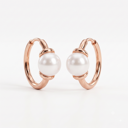 14K Gold Pearl Huggie Hoop Earrings with 4mm White Pearls