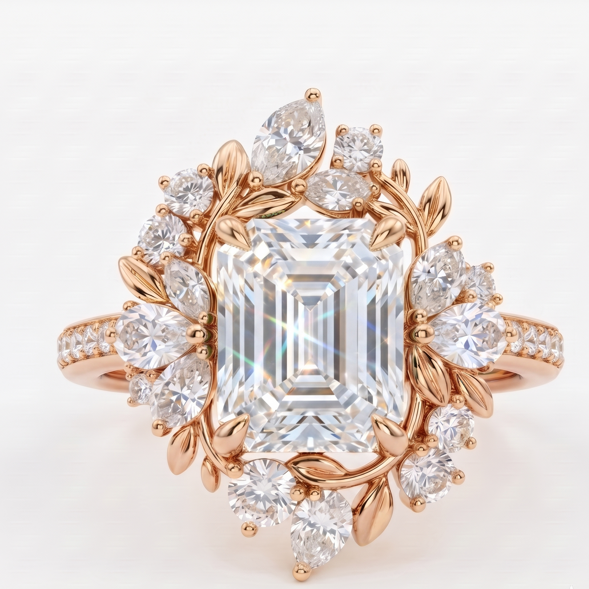 emerald cut lab grown diamond halo engagement ring