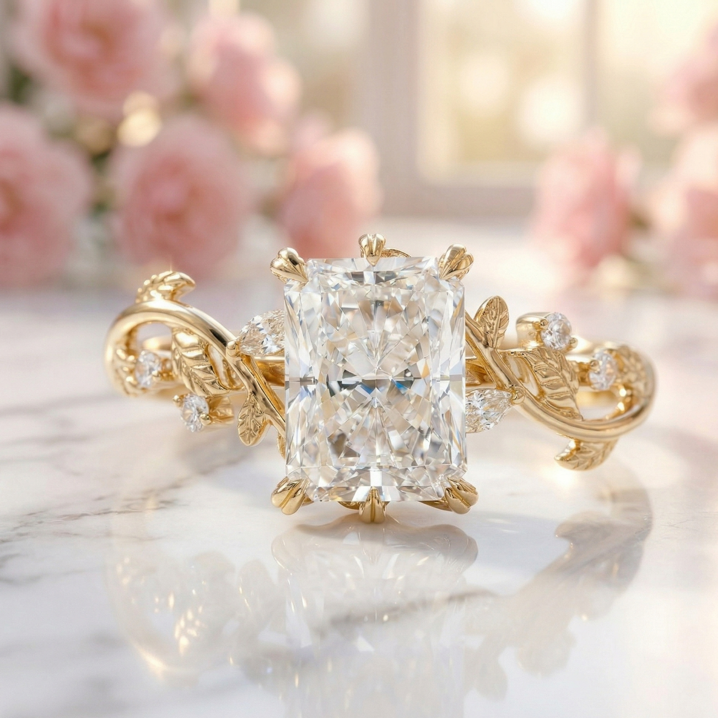 2.100ct Radiant Cut Lab Grown Diamond Leaf Engagement Ring