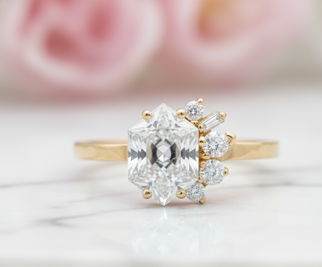 Hexagon Engagement Ring 1.65 CT – Geometric Cluster 14K Gold Ring